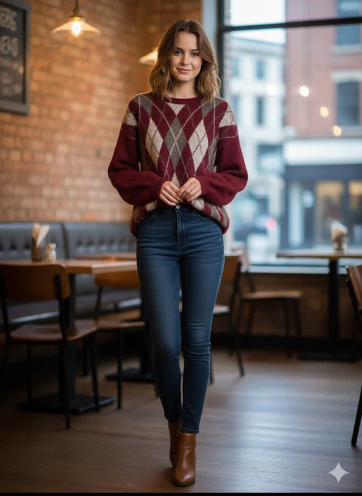 LADIES FASHION ARGYLE KNIT JUMPER - BERRY, CREAM, BROWN, 