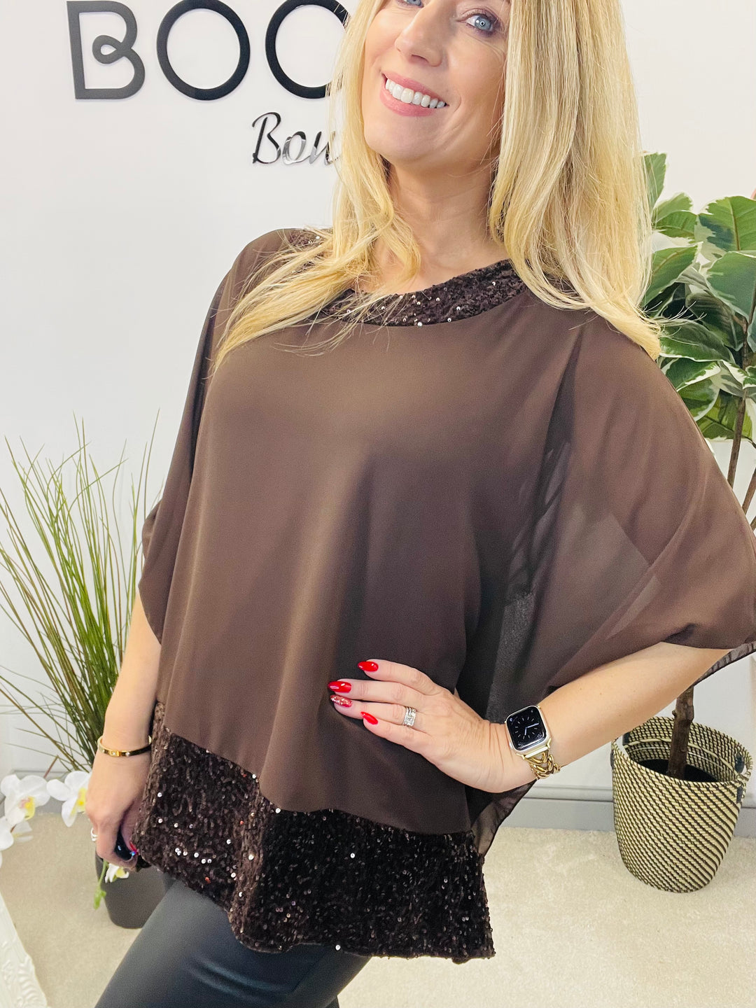 LADIES CHIFFON FLOATY SEQUIN PARTY TOP - BROWN, BLACK, BERRY