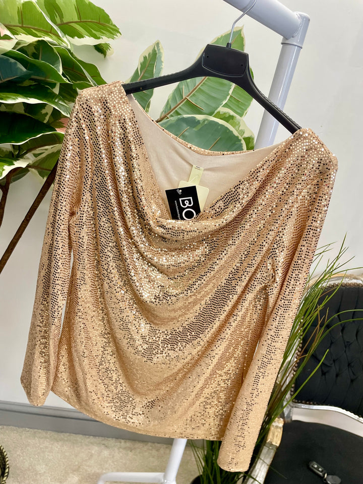 LADIES SEQUIN COWL NECK TOP - BLACK, CHAMPAGNE, GREEN & RED