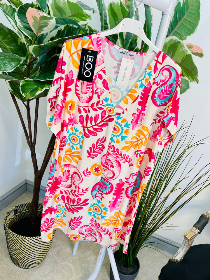 LADIES PAISLEY PRINT SHIFT SUMMER DRESS - PINK, GREEN & KHAKI