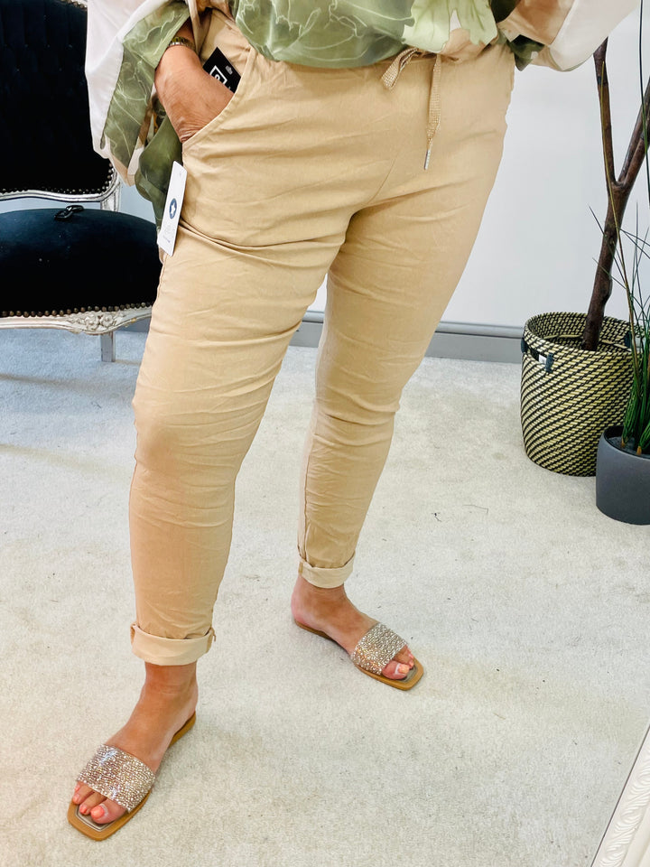 LADIES WOMENS CAMEL CRINKLE STRETCH CASUAL MAGIC TROUSERS