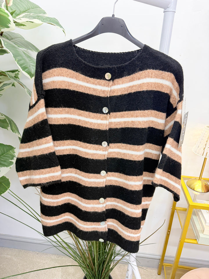 Ladies Fashion Stripe Short Sleeve Cardigan Jumper - Khaki, Camel & Black