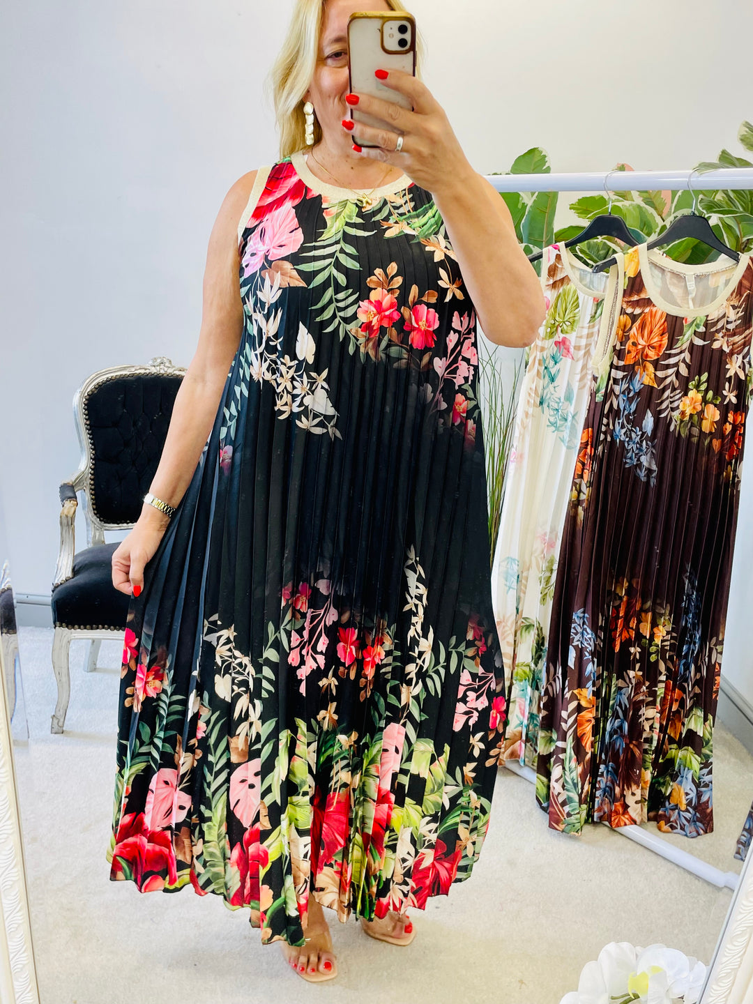 LADIES SATIN PLEATED SUMMER MAXI DRESS - BROWN, CREAM, BLACK