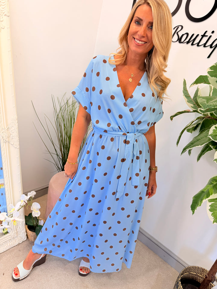 Ladies Polka Dot Wrap Midi Dress - Navy, Cream, Pink, Lemon & Pale Blue
