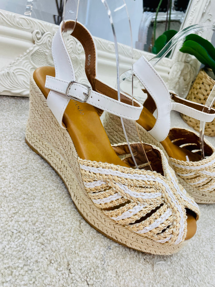 LADIES WOMENS WHITE & BEIGE WEDGE HIGH HEEL SANDALS sizes 3 to 8