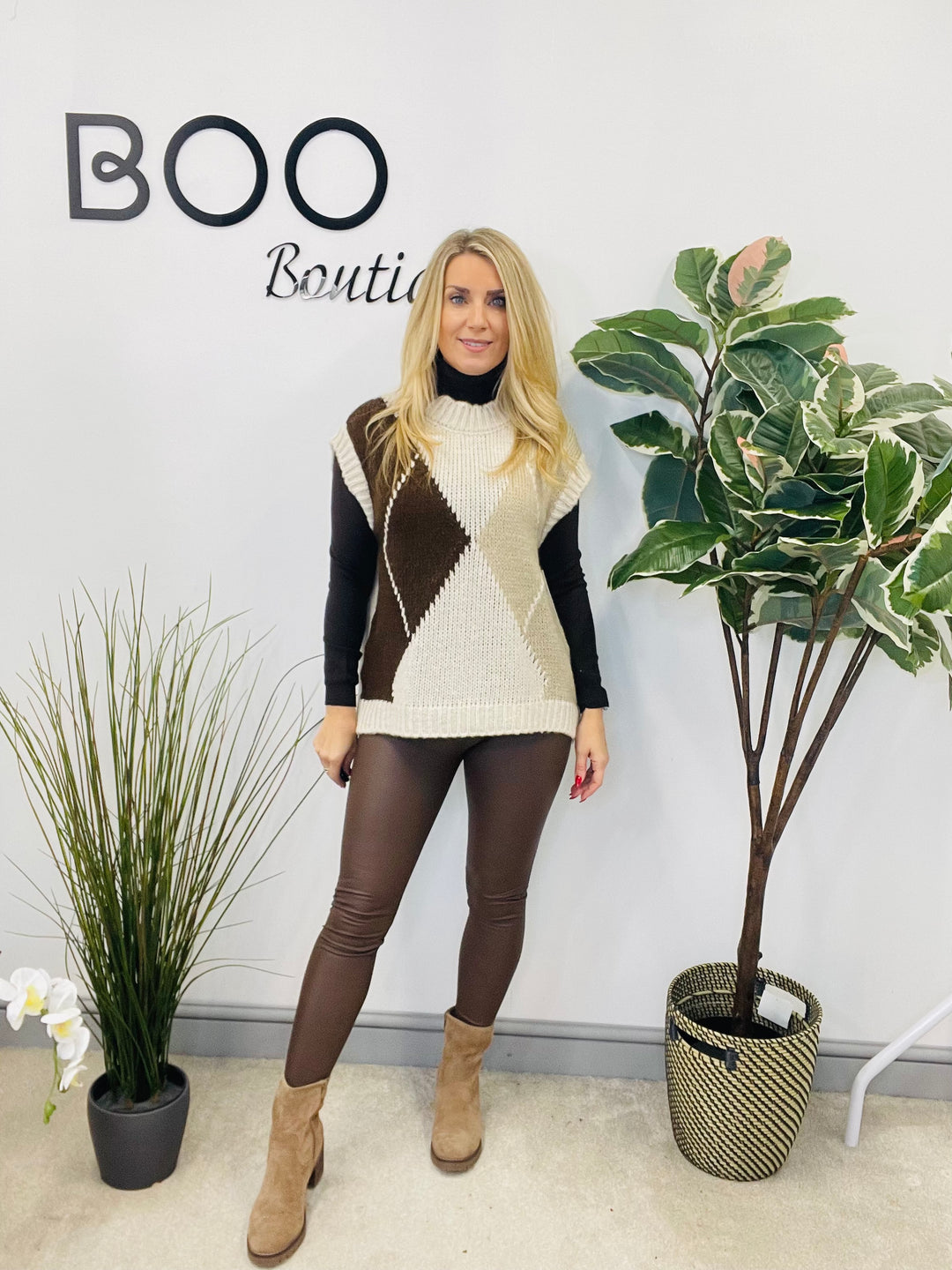 LADIES ARGYLE KNIT TANK TOP - MOCHA, BEIGE, BROWN