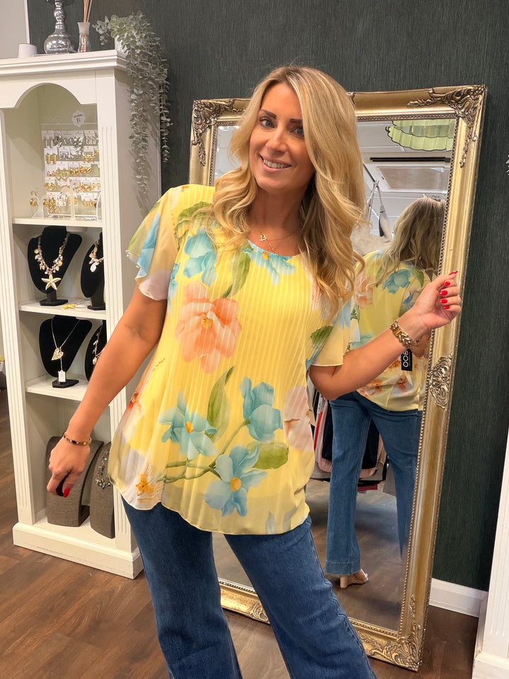 Ladies Pleated Floral Print Chiffon Top - Black, Cream, Blue, Lemon, Pink, Navy, Brown