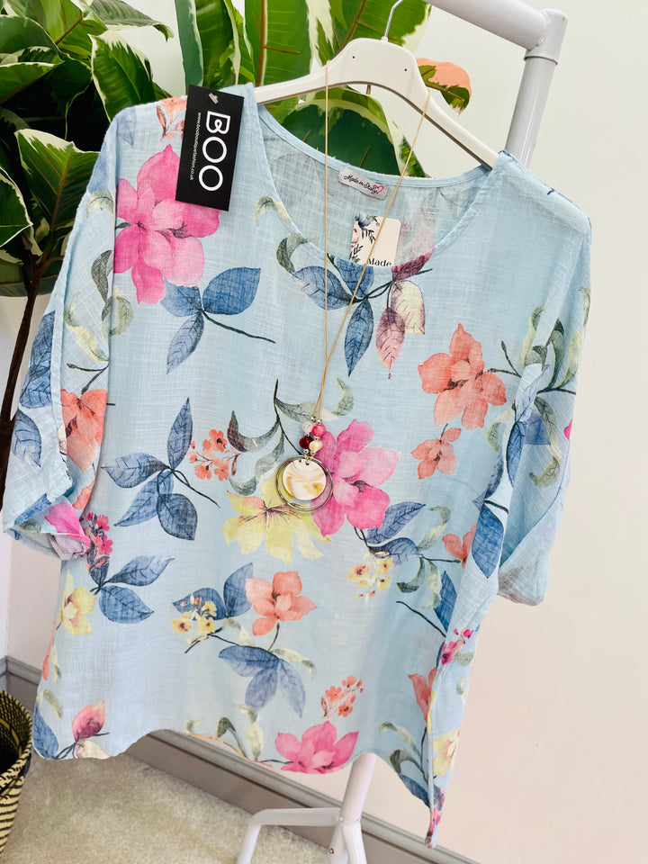 LADIES WOMENS FLORAL PRINT LINEN SUMMER TOP - PINK, ORANGE, BLUE, WHITE, YELLOW