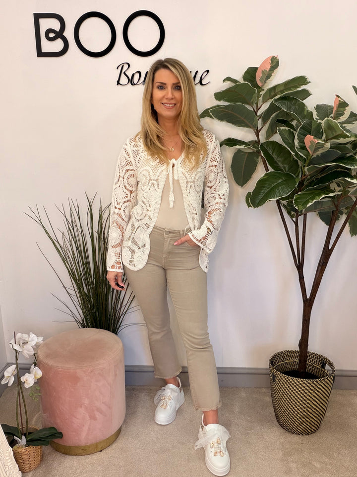 Ladies Fashion Boho Crochet Shrug Cardigan - beige and white