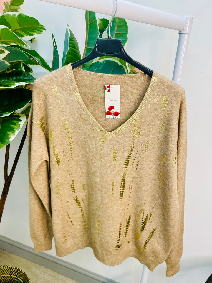 LADIES V NECK SOFT KNIT JUMPER - WHITE, BROWN & MOCHA