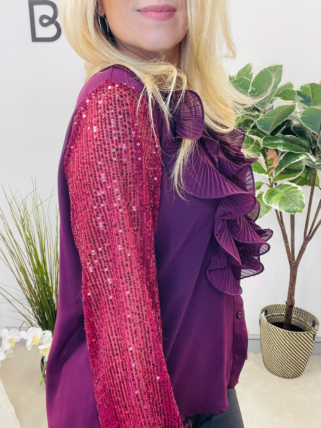 LADIES SEQUIN ARM FRILL BLOUSE - BLACK, SILVER, BERRY, BEIGE & BROWN