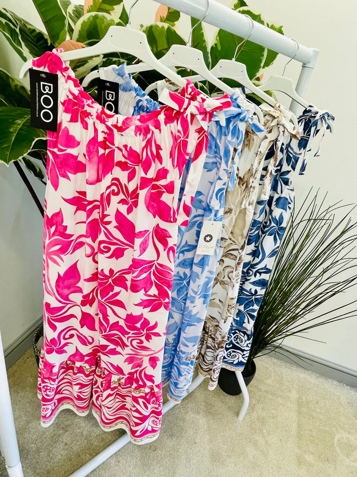 LADIES SUMMER MIDI DAY DRESS - BLUE, NAVY,  PINK, BEIGE