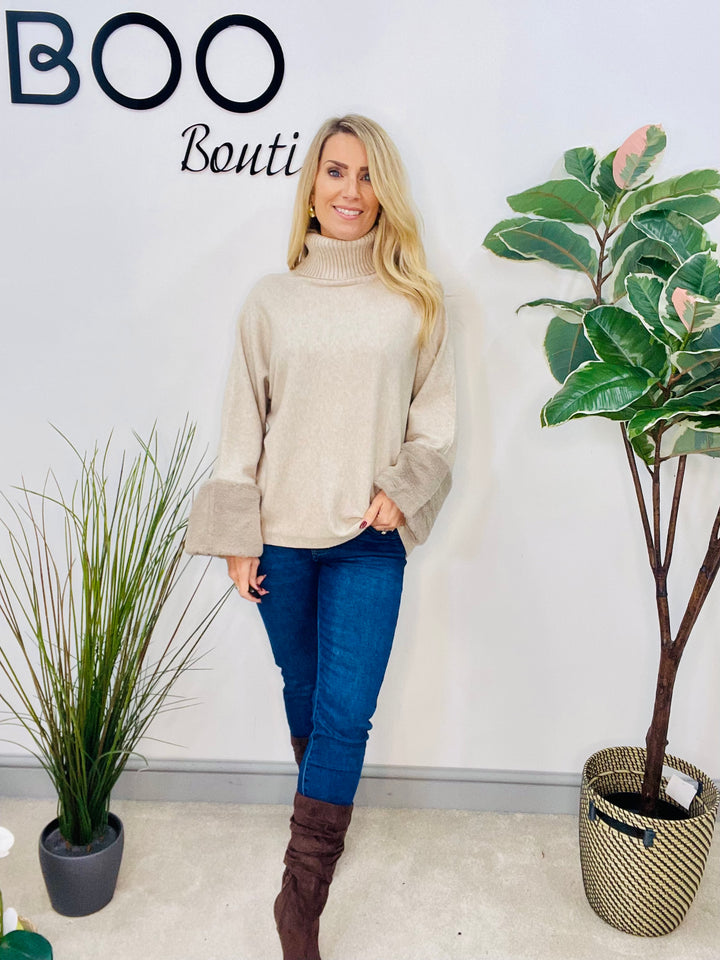 LADIES KNITTED FAUX FUR CUFF JUMPER - BURGUNDY, GREY, BLACK, BROWN, BEIGE, CAMEL
