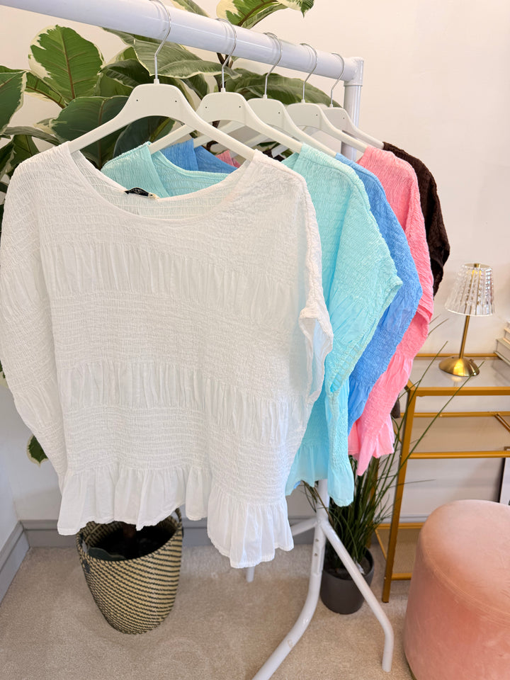 Ladies Cotton Elasticated Summer Top - White, Blue, Mint, Pink & Brown