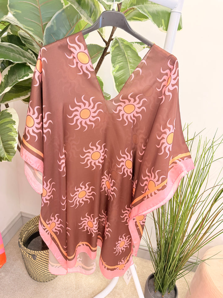 Ladies Fashion Silky Sun Print Kaftan Beach Cover Up Top 