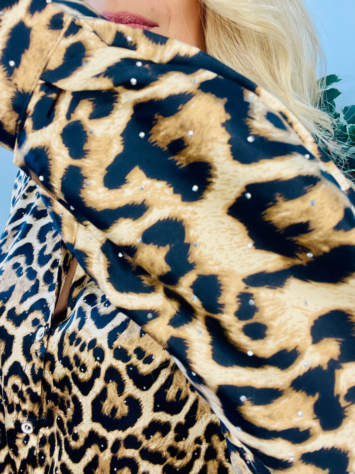 LADIES SPARKLY LEOPARD ANIMAL PRINT SHIRT BLOUSE