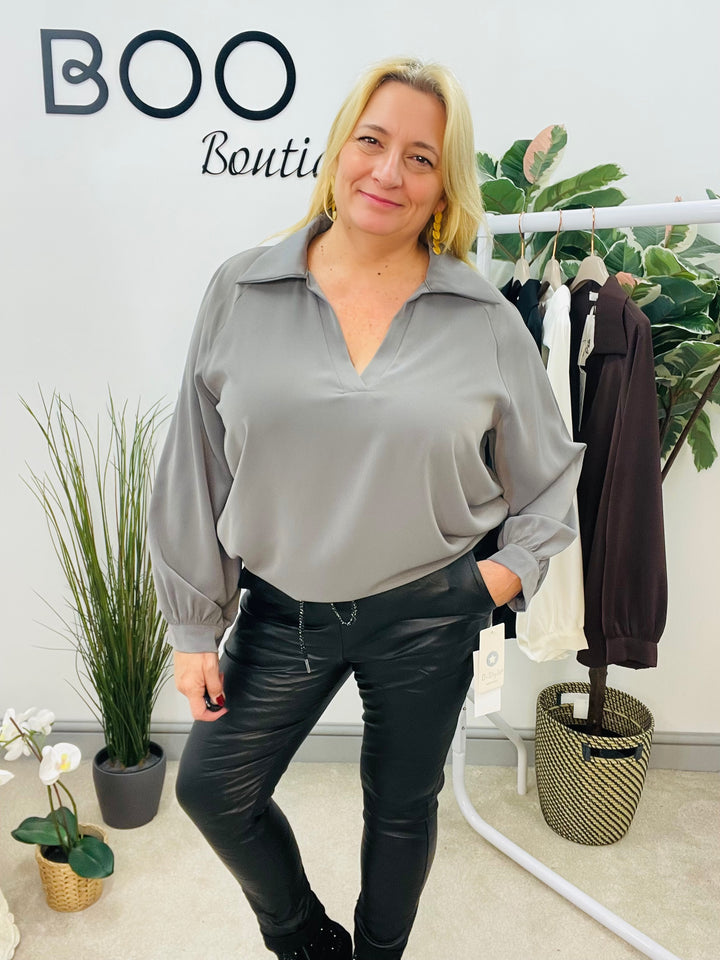 LADIES V NECK LUXURY BLOUSE - BROWN, GREY, WHITE & BLACK