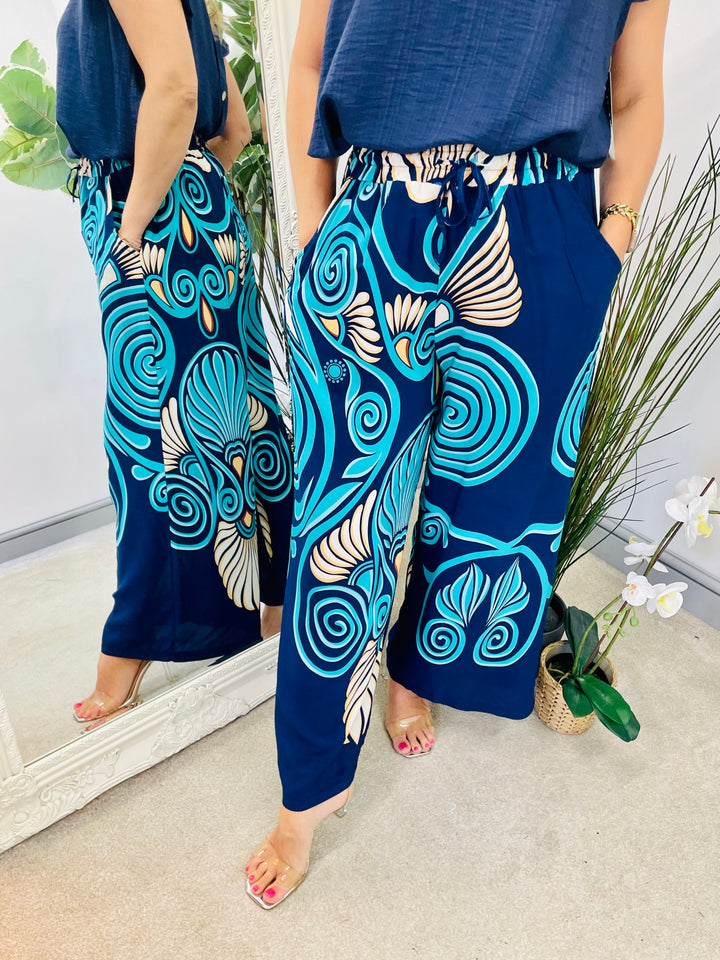 LADIES WOMENS NAVY WIDE LEG PALAZZO PANTS TROUSERS 