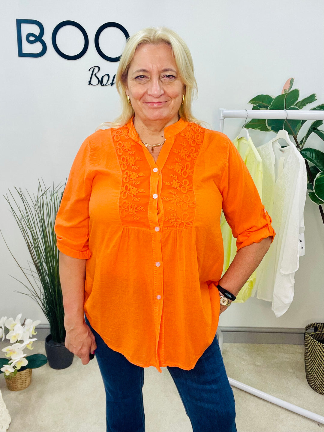 LADIES COTTON LACE FRONT BLOUSE SHIRT - LEMON, WHITE & ORANGE