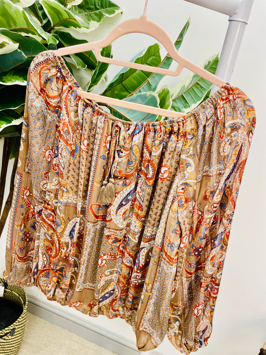 LADIES PAISLEY CHIFFON BARDOT TOP BLOUSE - BEIGE & TEAL