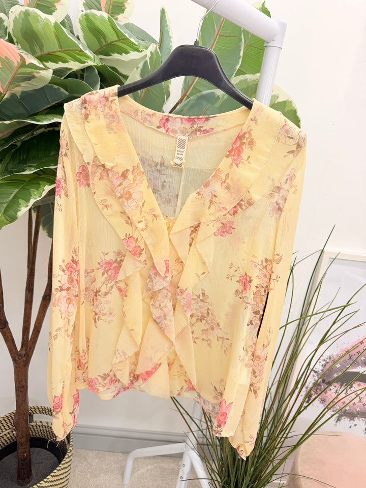 Ladies Chiffon Floral Print Blouse Top - Pink, Blue, Lemon, White