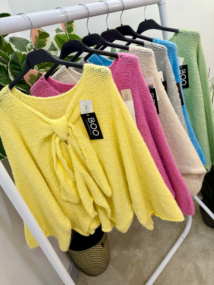 LADIES CHUNKY BOW JUMPER - PINK, MINT, LEMON, BLUE, BEIGE & GREY