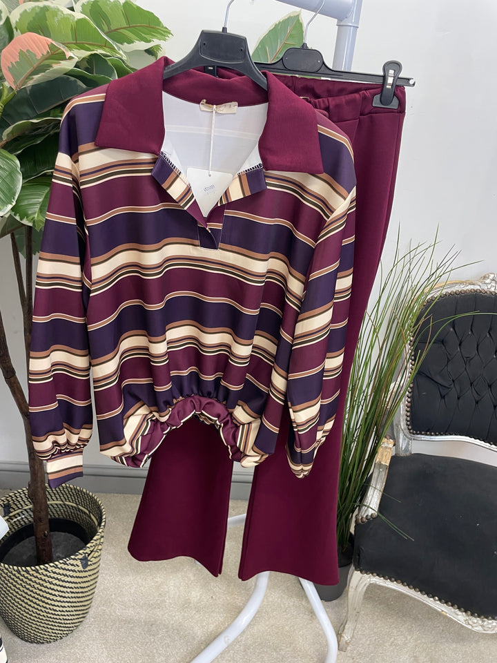LADIES RUGBY TOP STRAIGHT LEG CO ORD SET - PLUM, MOCHA, BROWN
