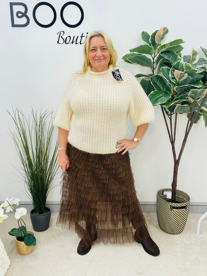 LADIES FLUFFY SHORT SLEEVE JUMPER - BROWN, BLACK, BEIGE, BLUE, BURGUNDY, MOCHA