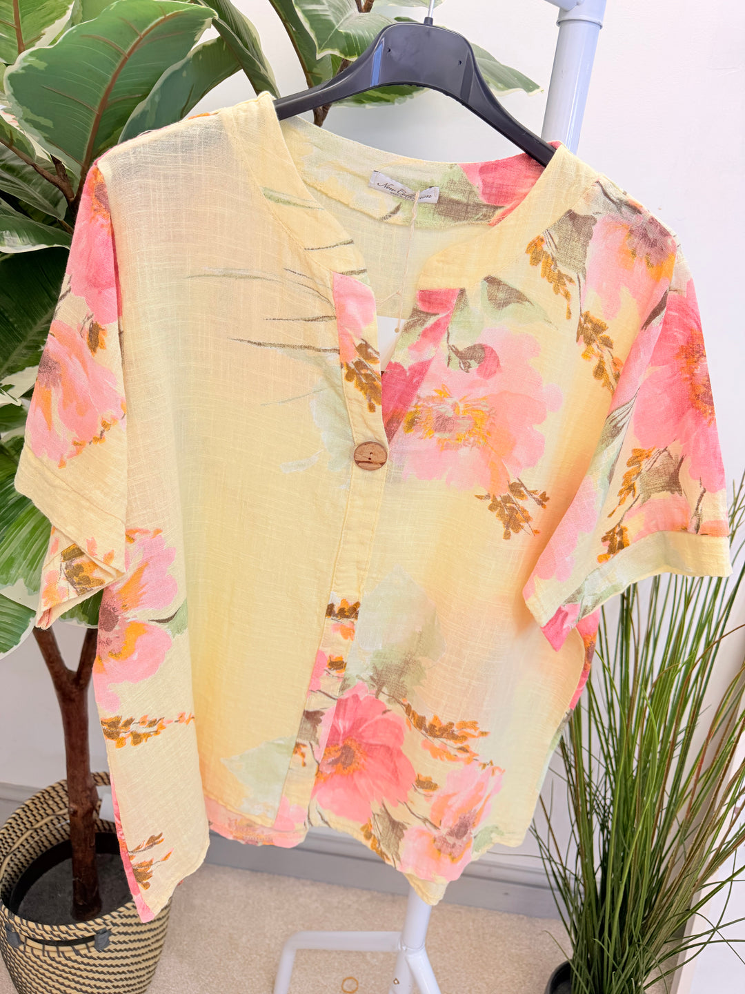 Ladies Fashion Light Linen Flower Print Grandad Shirt Top - Pink, Blue, White & Lemon