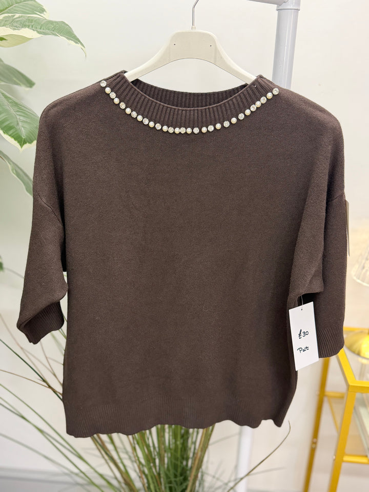 Ladies Fashion Diamante/Pearl Short Sleeve Jumper - Blue, White, Brown, Wine & Navy