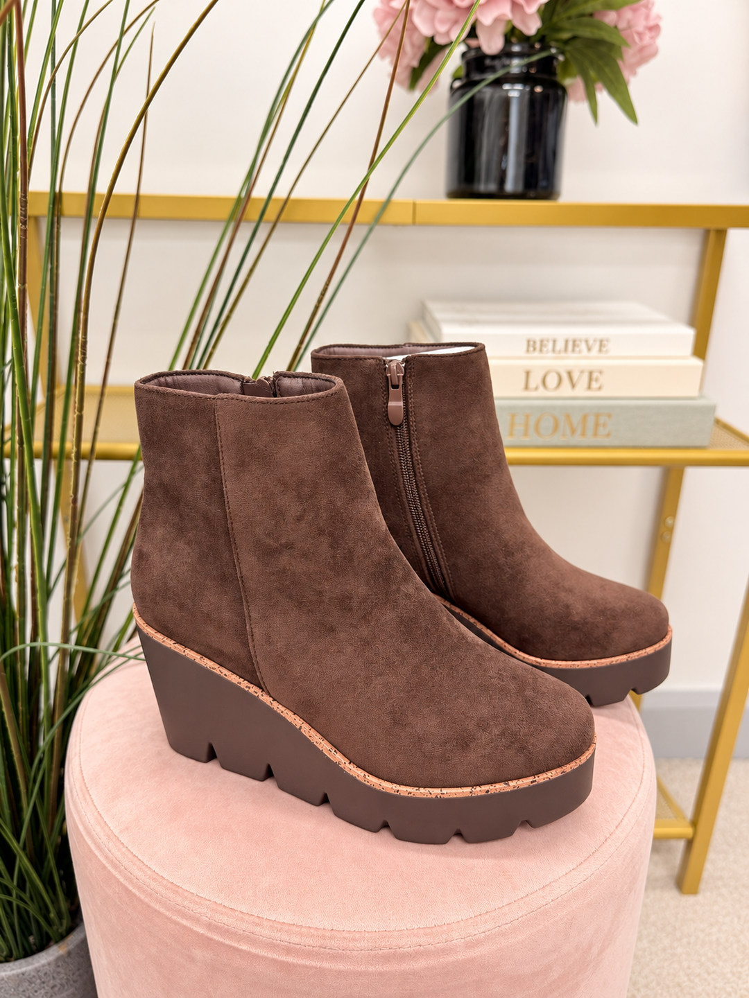 Chocolate Brown Faux Suede Wedge Heel Platform Ankle Boots ( 5067 )