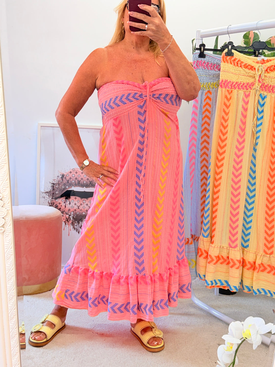 Ladies Fashion Linen Aztec Print Summer Maxi Dress - Blue, Lemon, Pink