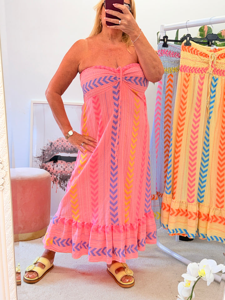 Ladies Fashion Linen Aztec Print Summer Maxi Dress - Blue, Lemon, Pink