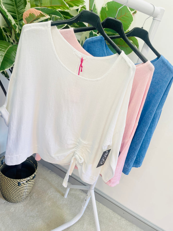 WOMENS LADIES TEABAG LINEN CASUAL TOP - WHITE, PINK & BLUE