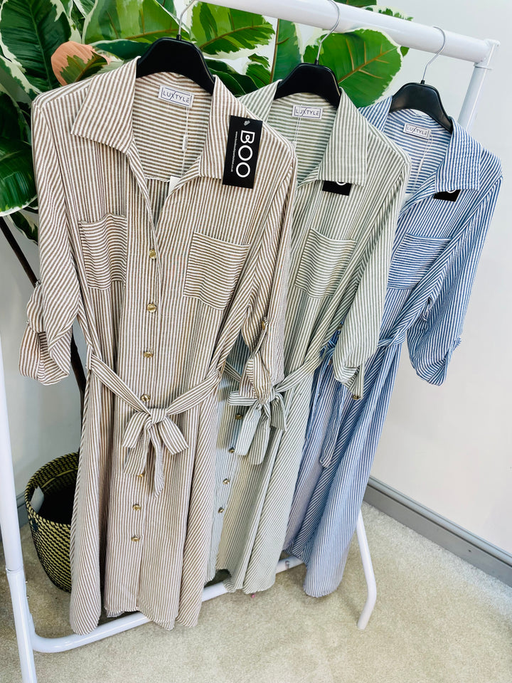 LADIES PINSTRIPE SUMMER SHIRT DRESS - BLUE, KHAKI, MOCHA