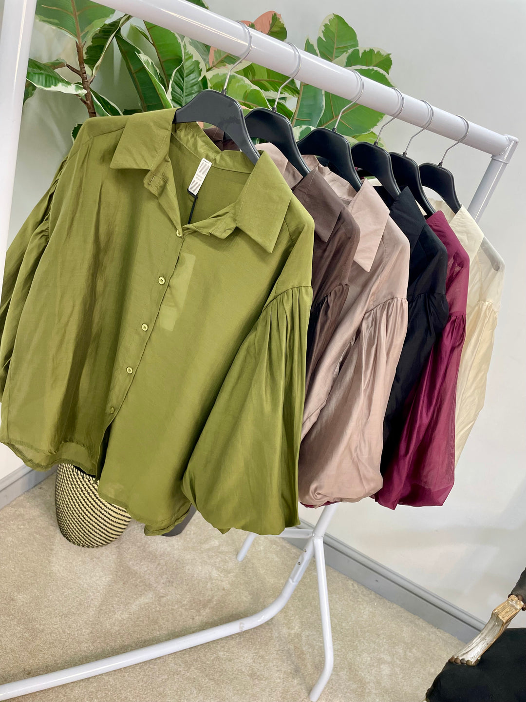 LADIES SHEER PUFF SLEEVE BLOUSE - OLIVE, BLACK, CREAM, TAUPE, WINE, BROWN