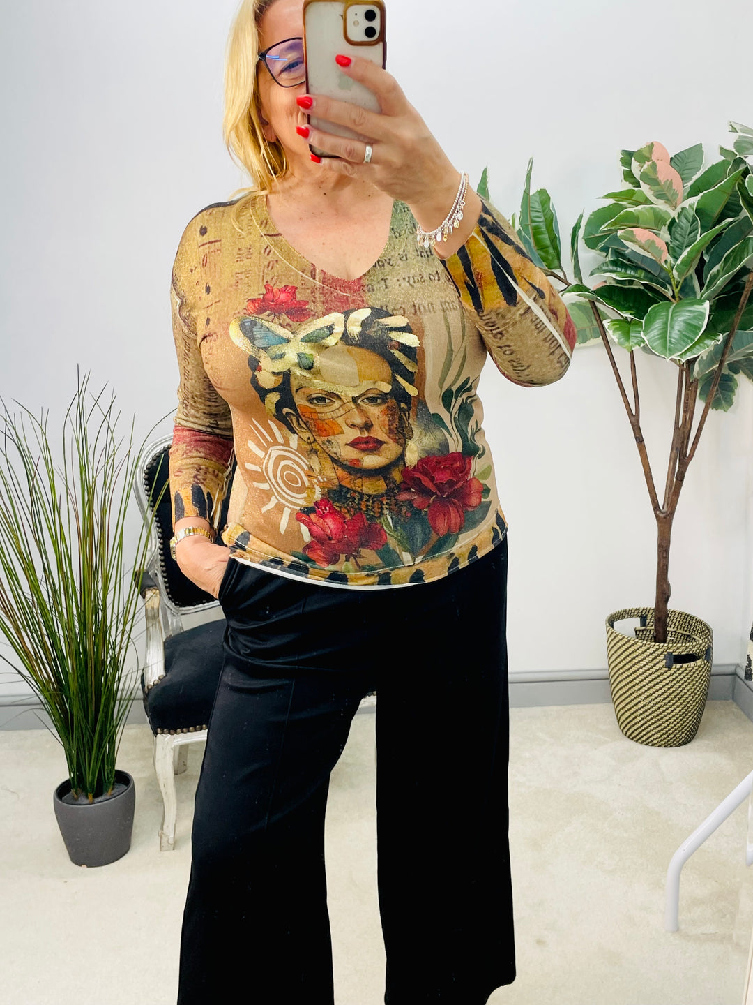 LADIES FRIEDA PRINT GOLD LUREX LONG SLEEVE TOP