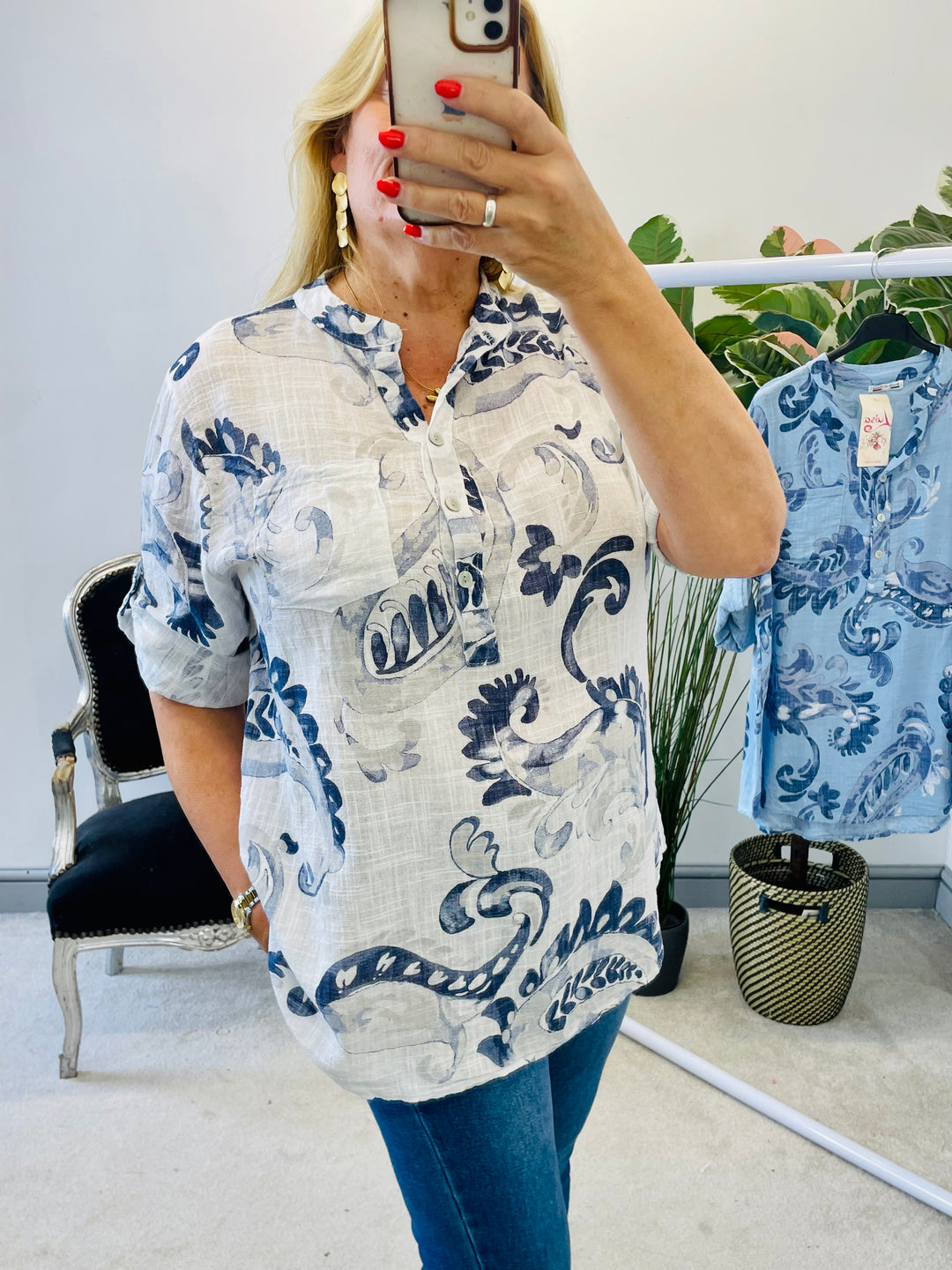 LADIES LINEN SUMMER CASUAL TOP - WHITE & BLUE