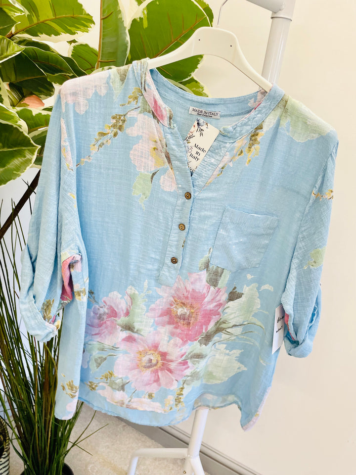 LADIES LIGHT LINEN FLORAL SUMMER TOP - PINK, WHITE, KHAKI, NAVY, YELLOW