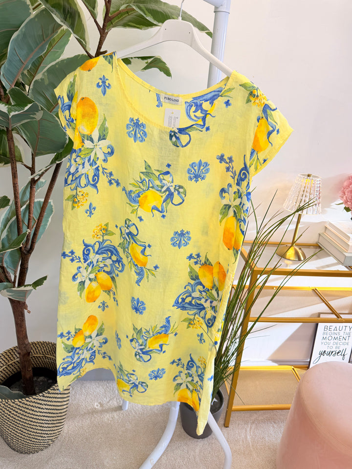 Ladies Linen Lemon Print Shift Summer Dress - Lemon, White & Blue