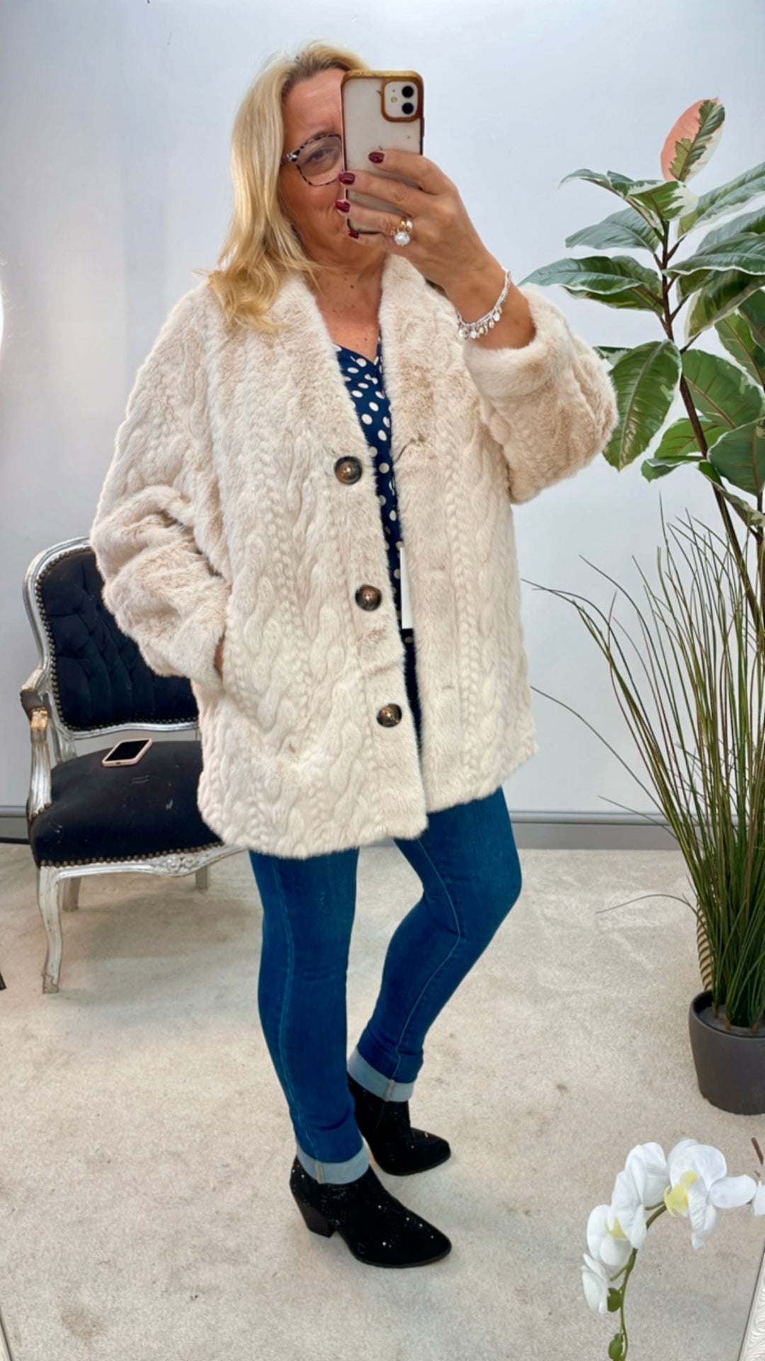LADIES FASHION CABLE FAUX FUR JACKET - BEIGE, BROWN & BLACK