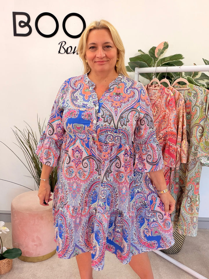 Ladies Paisley Print Smock Summer Dress - green, blue, pink, orange