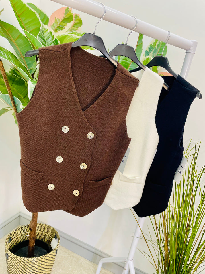 LADIES KNITTED DOUBLE BREASTED SLEEVELESS WAISTCOAT - WHITE, BLACK & BROWN