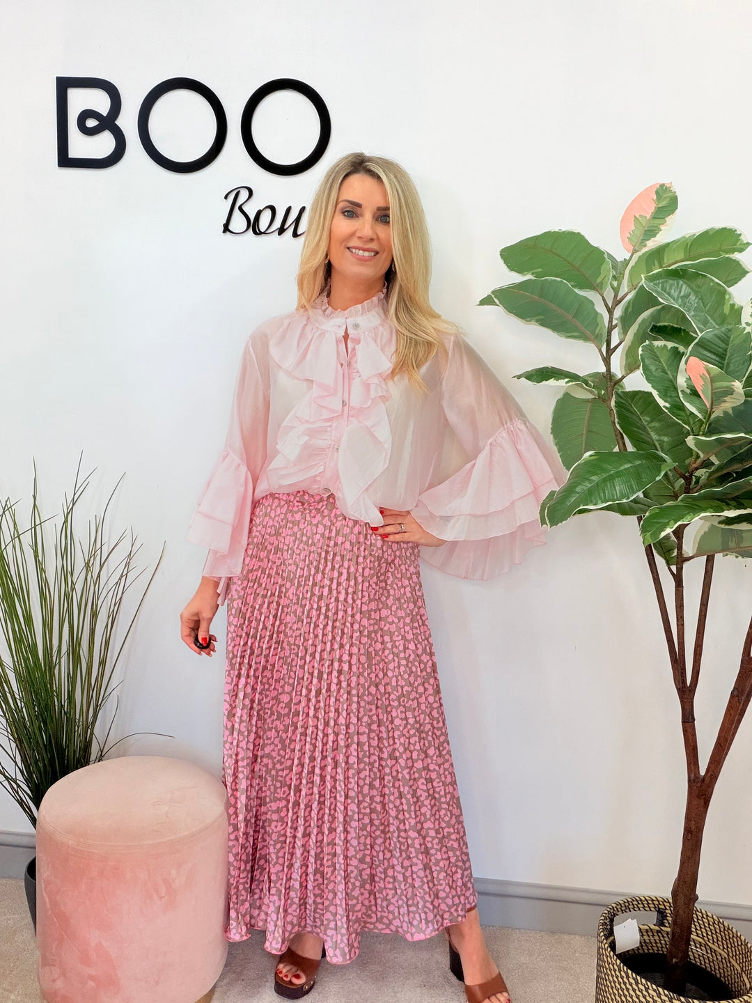 Ladies Fashion Sheer Ruffle Front Blouse Top - white, pink, blue, sage, lemon