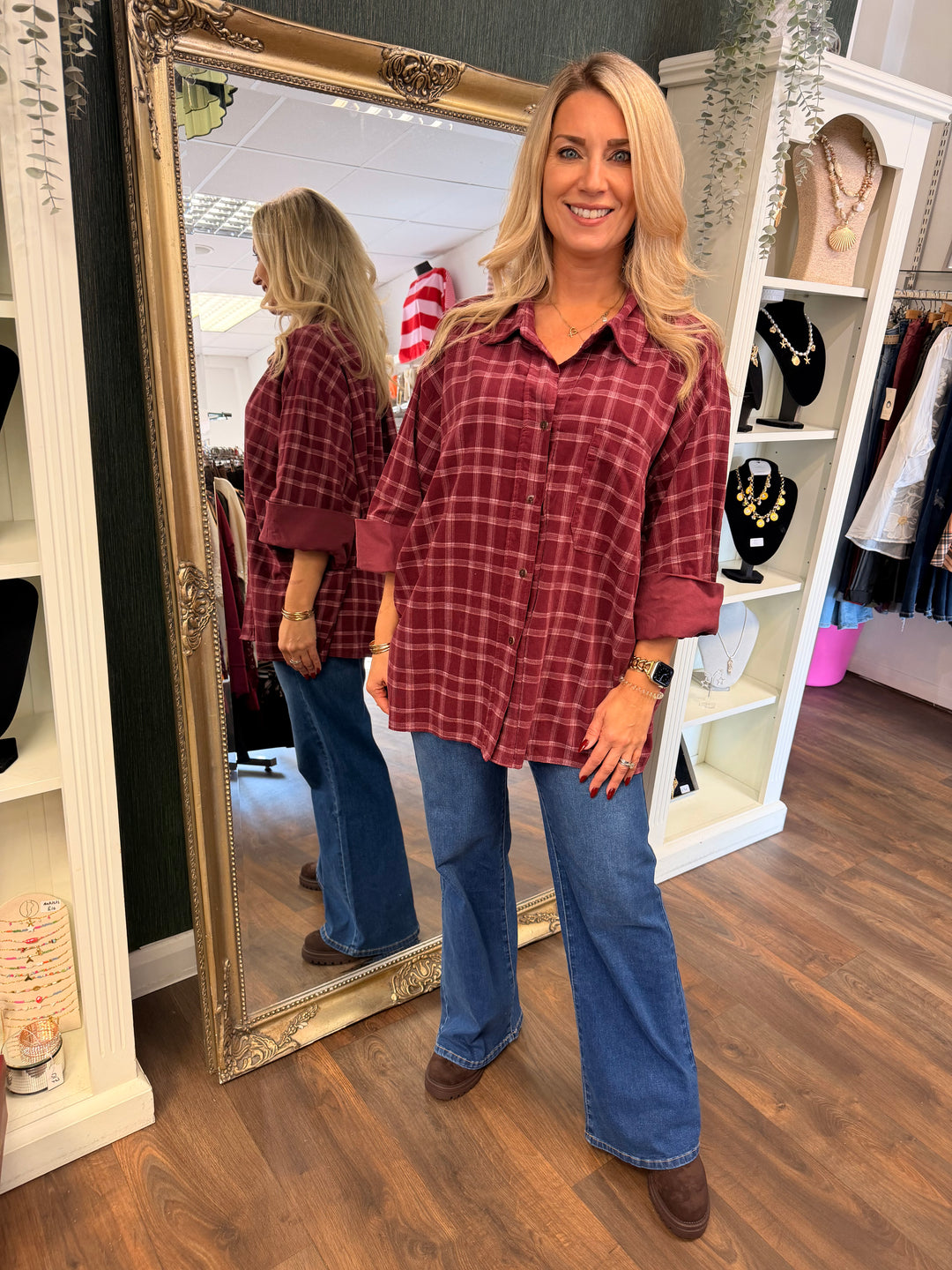 Womens cord check oversize shirt - Wine, Navy, Brown, Khaki
