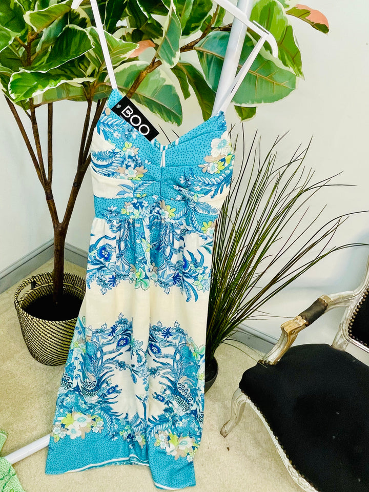 LADIES ORIENTAL PRINT SUMMER CAMI MAXI DRESS - PINK, BLUE & GREEN