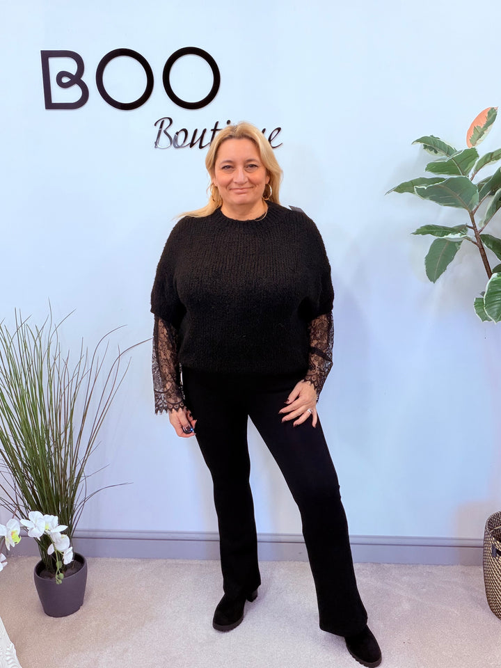 LADIES FASHION CHUNKY KNIT LACE SLEEVE JUMPER - PINK, BLUE, BEIGE, BLACK & BROWN