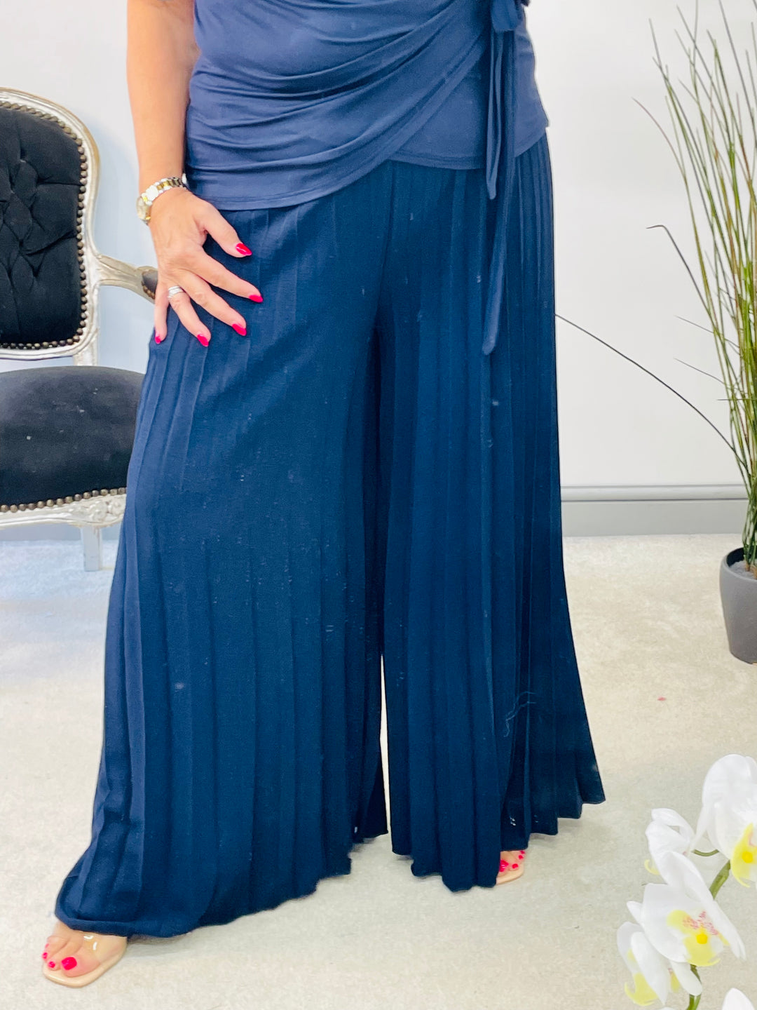 LADIES WOMENS PLEATED WIDE LEG PALAZZO CULOTTE TROUSERS - ROYAL BLUE, NAVY, BLACK, CAMEL, GREEN