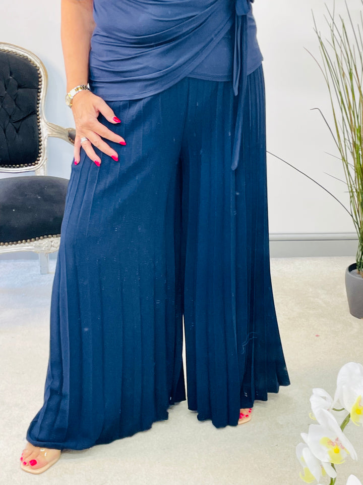 LADIES WOMENS PLEATED WIDE LEG PALAZZO CULOTTE TROUSERS - ROYAL BLUE, NAVY, BLACK, CAMEL, GREEN