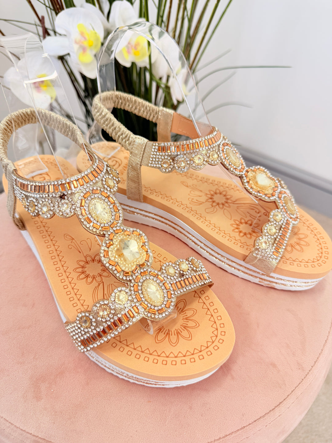 Ladies Fashion Gold Jewelled Small Wedge Sandals Shoes